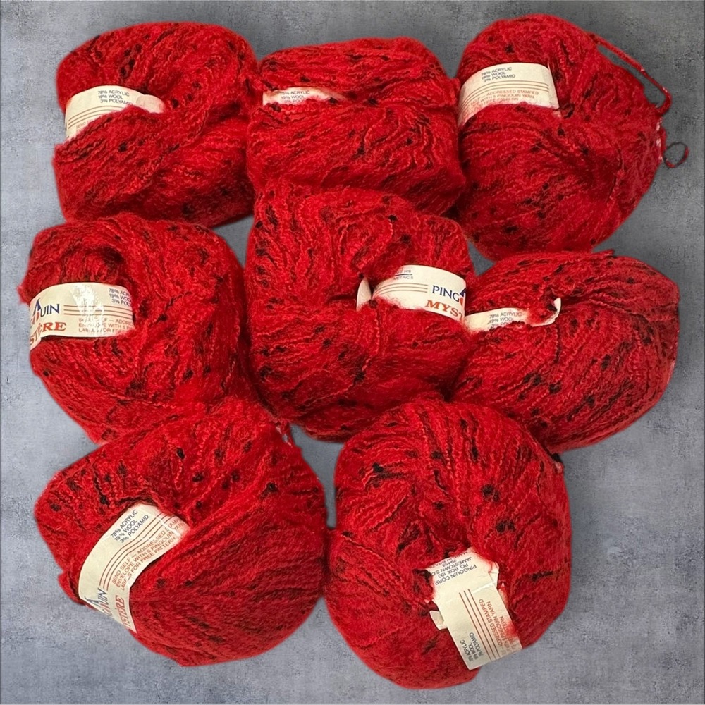 8 Vintage‎ Pingouin Mystere Mohair Wool Blend FluffyYarn Red Black 98 Yds Lot